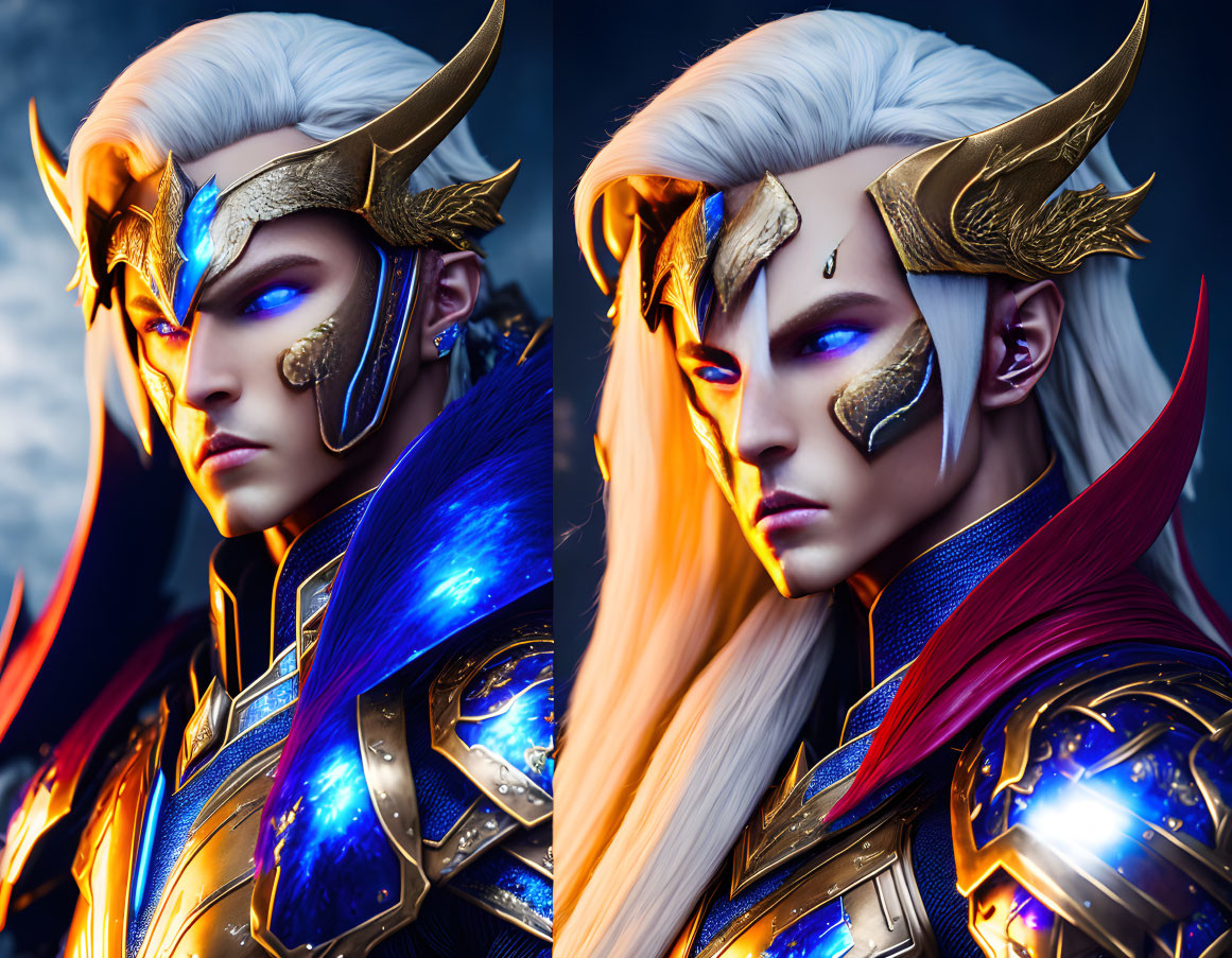 Character with Blue Eyes in Ornate Golden Armor and Unique Hair Color