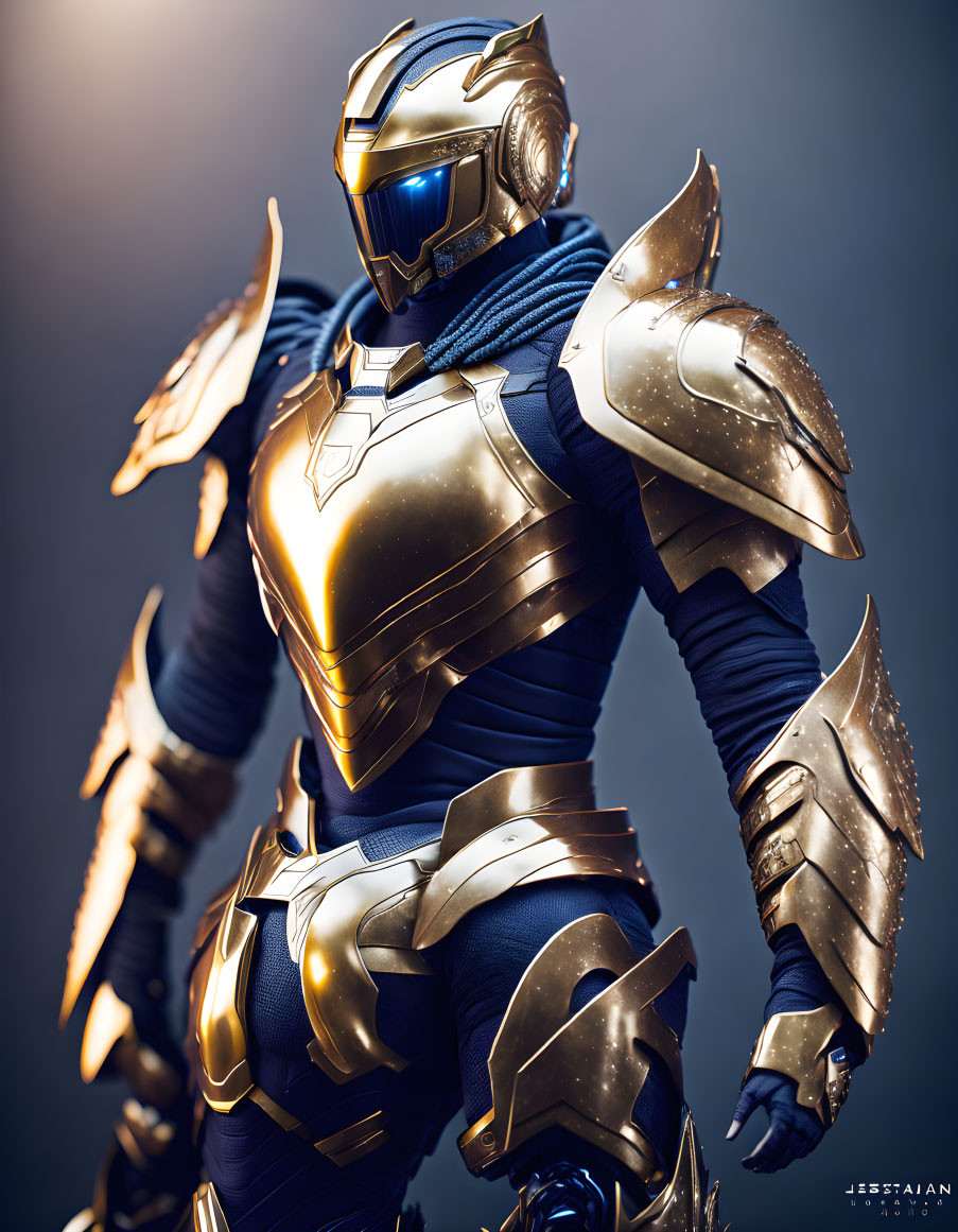 Golden and Navy Armored Figure with Futuristic Helmet Exudes Heroic Aura