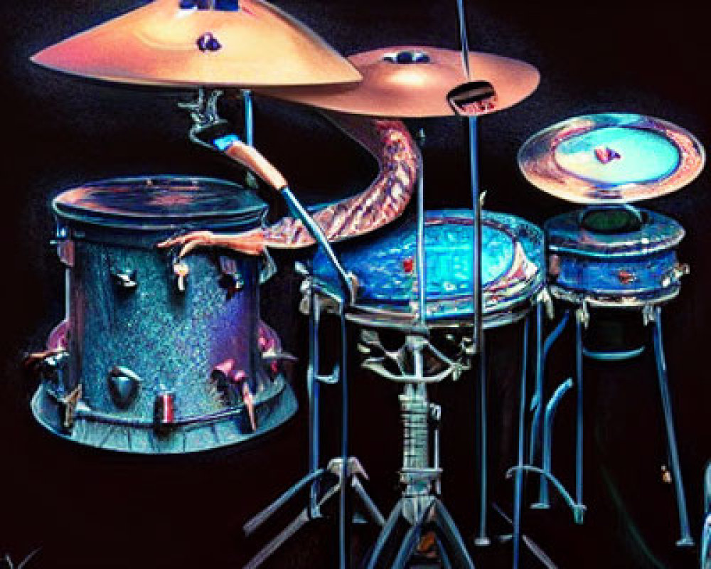 Vibrant Drum Set with Cymbals on Black Background