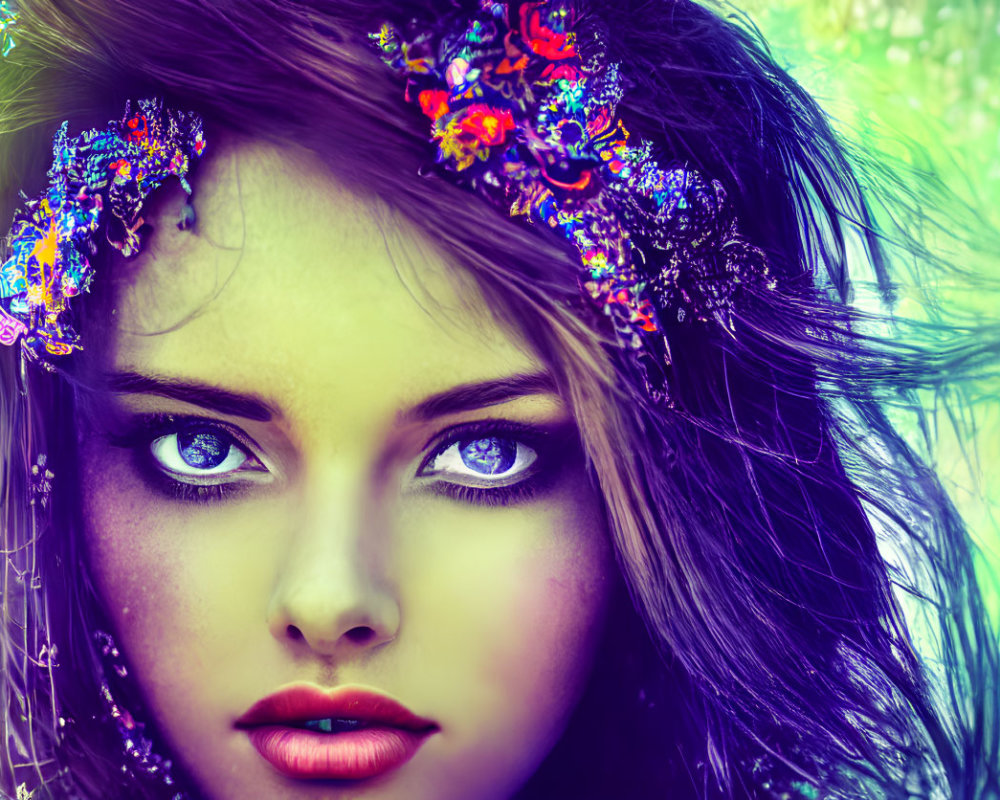 Colorful digital portrait of a woman with intense eyes and floral fantasy elements