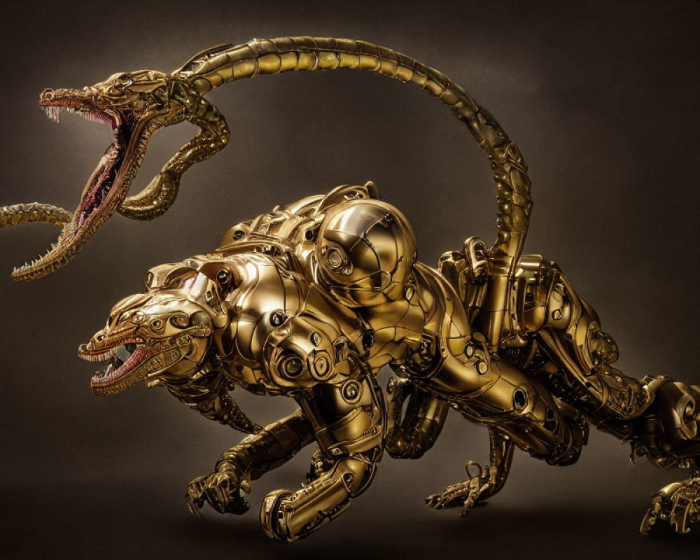 Three-headed mechanical creature with serpentine necks and golden armored bodies