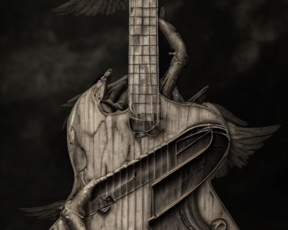 Surreal artwork: Guitar transforming into violin with wings, door, stairs, whimsical elements