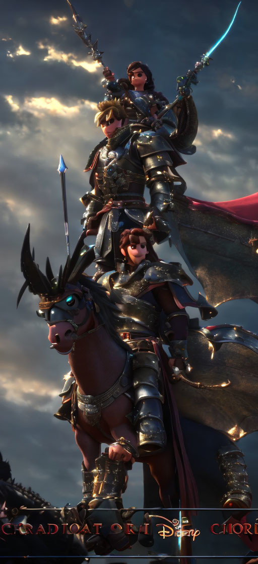 Three armored warriors on horseback under dramatic cloudy sky. Horse also in armor with red fabric.