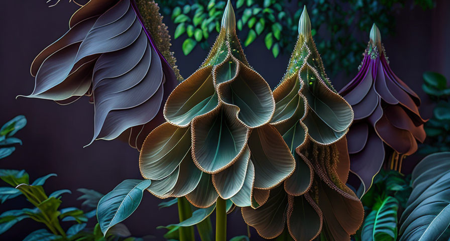 Stylized digital artwork of exotic plants with large, overlapping leaves