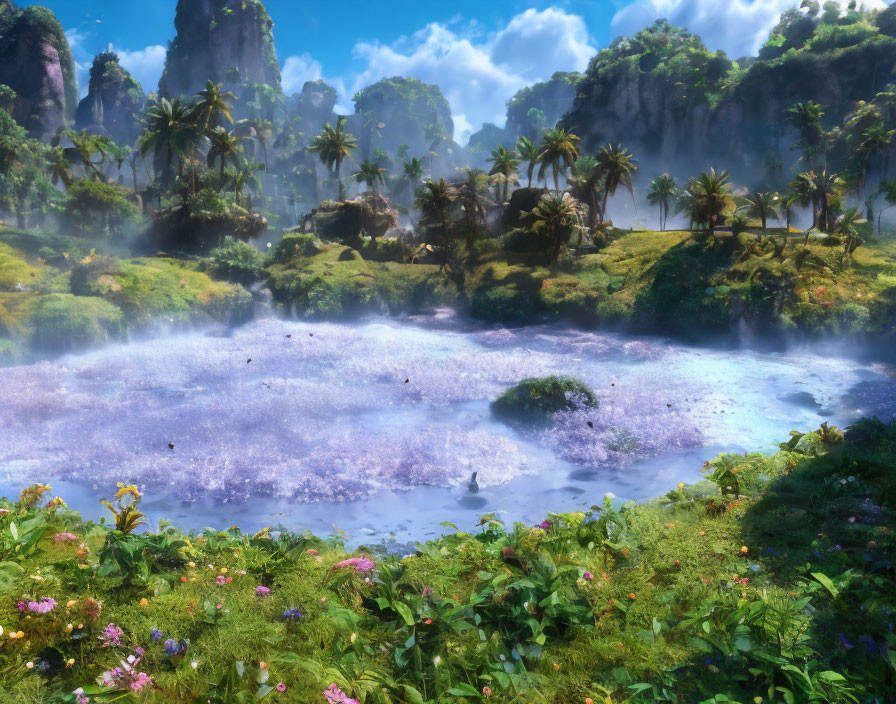 Misty lavender lake with lush greenery, cliffs, palm trees, and colorful flowers