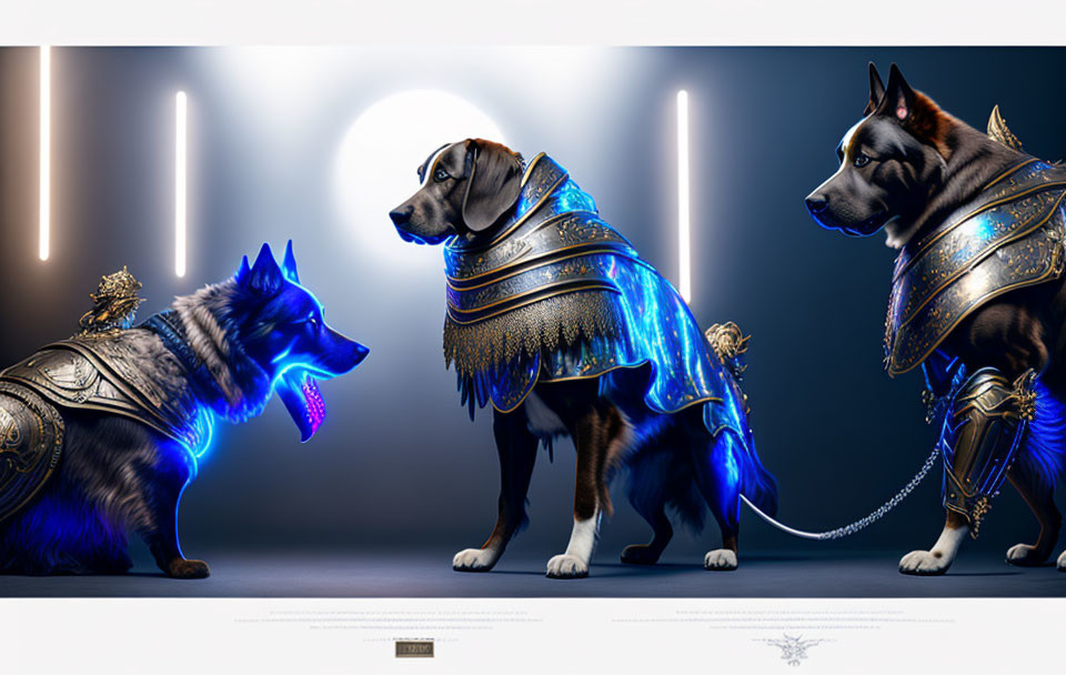 Three dogs in futuristic armor with glowing lights on dark background