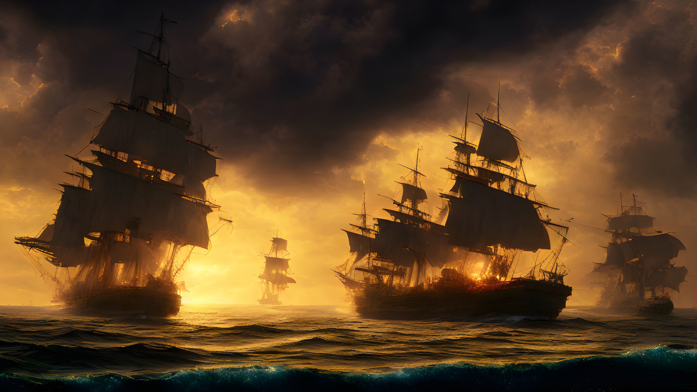 Sailing ships on turbulent seas at dramatic sunset