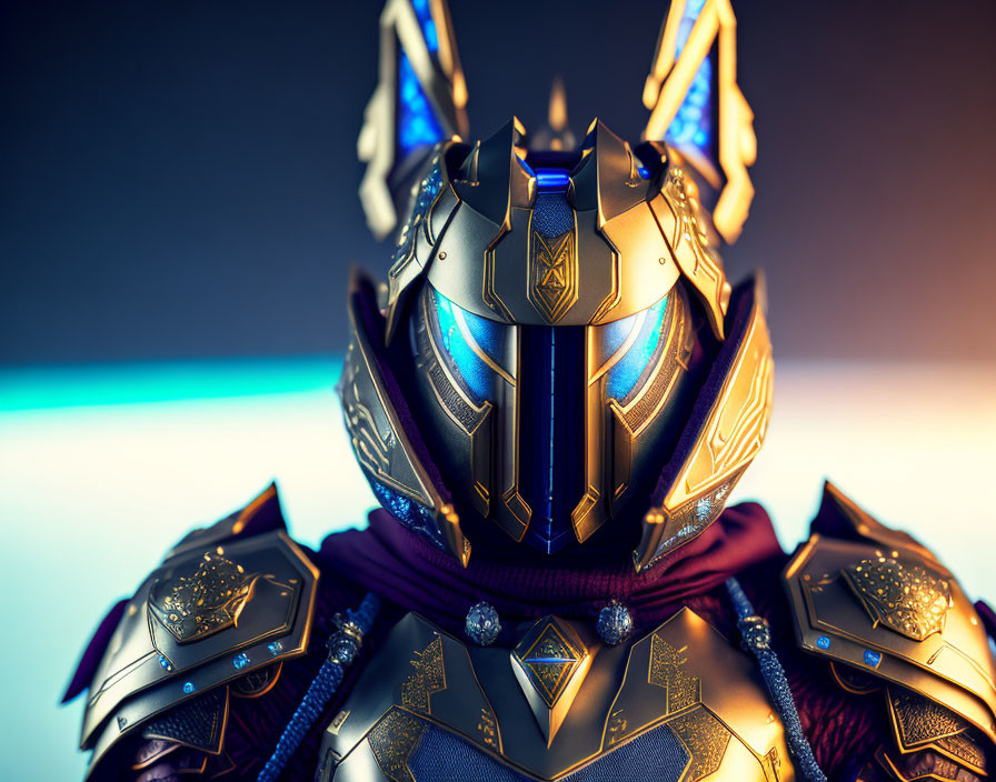 Intricate futuristic knight armor with glowing blue accents and regal purple cloak