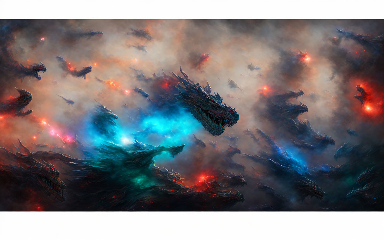 Multiple dragons in mystical sky with blue and red glows