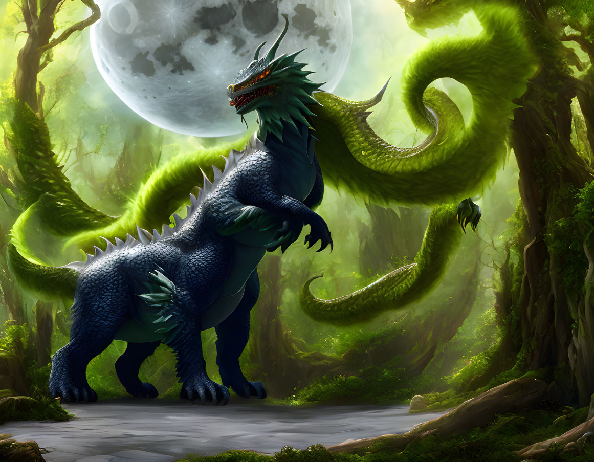 Majestic blue and green dragon in luminous forest with twisting tendrils