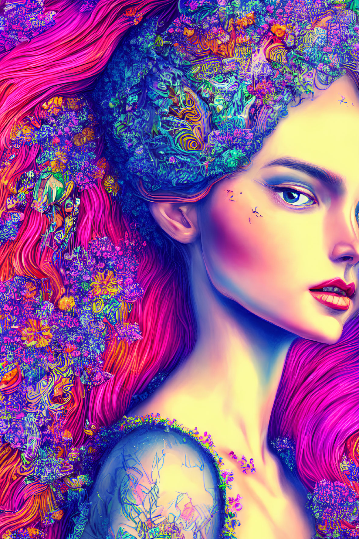 Colorful portrait of woman with pink hair and floral pattern blending into skin