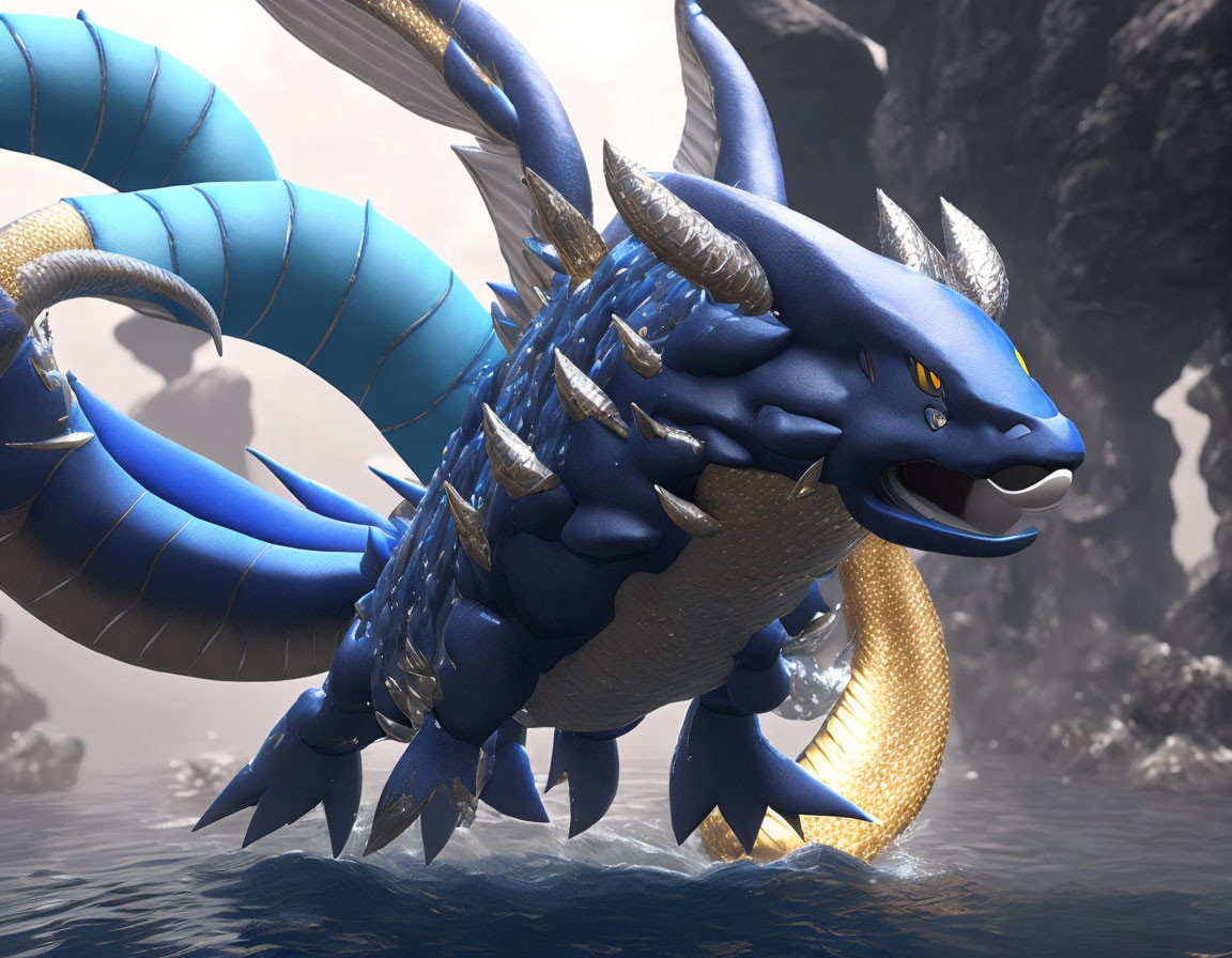 Blue Dragon with Sharp Horns and Golden Underbelly Soars over Misty Landscape