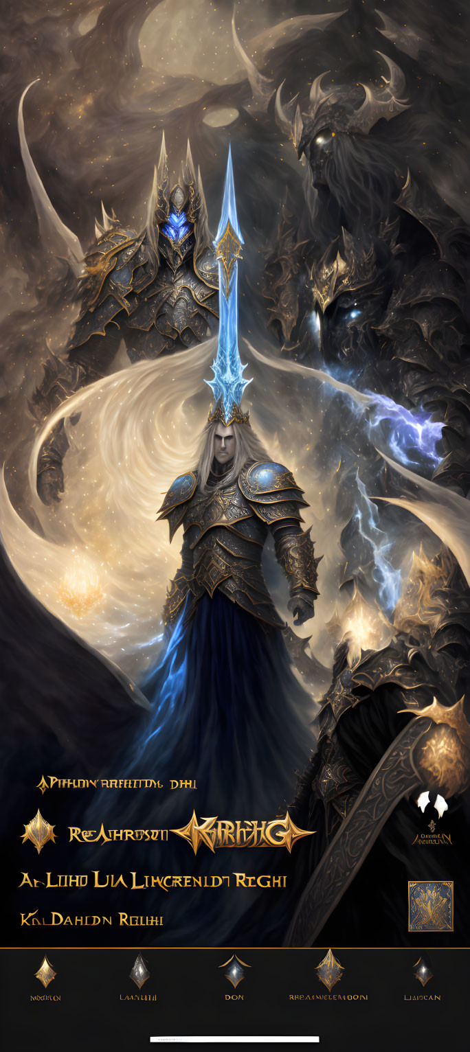 Fantasy character in ornate armor with glowing sword and shadowy figures in mystical setting.