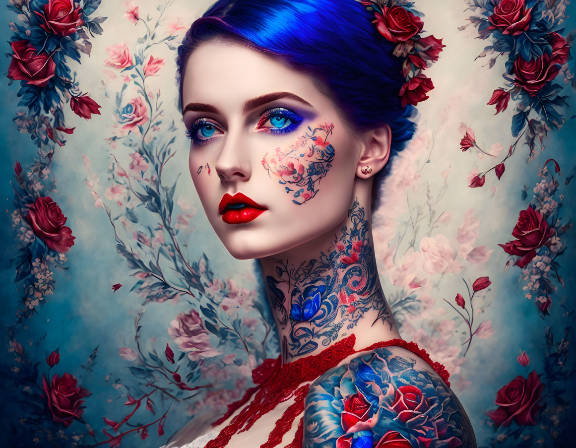 Blue-haired woman with floral makeup in rose backdrop