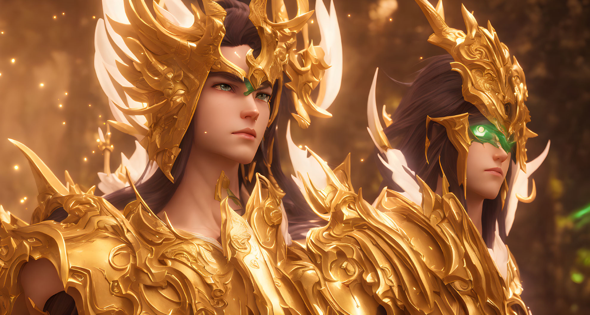 Two characters in ornate golden armor against glowing amber backdrop