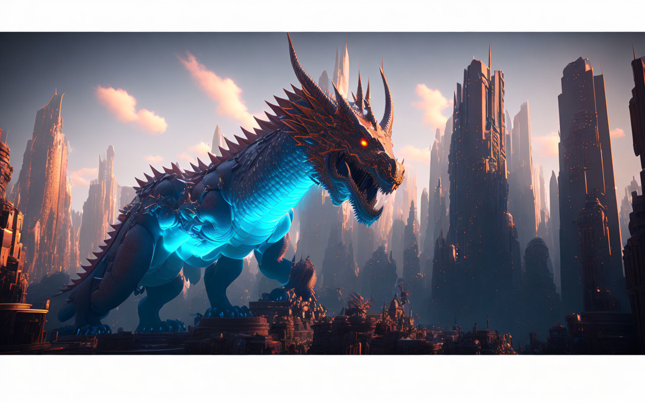 Majestic dragon in futuristic city with tall spires and orange sky