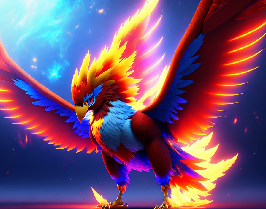 Majestic phoenix with blue and orange plumage on starry sky.