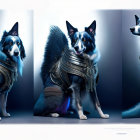 Three dogs in futuristic armor with glowing lights on dark background