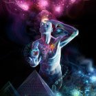 Vibrant cosmic entity digital artwork with glowing purple and blue body against starry backdrop.