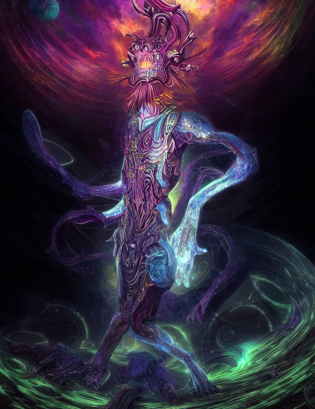 Vibrant cosmic entity digital artwork with glowing purple and blue body against starry backdrop.