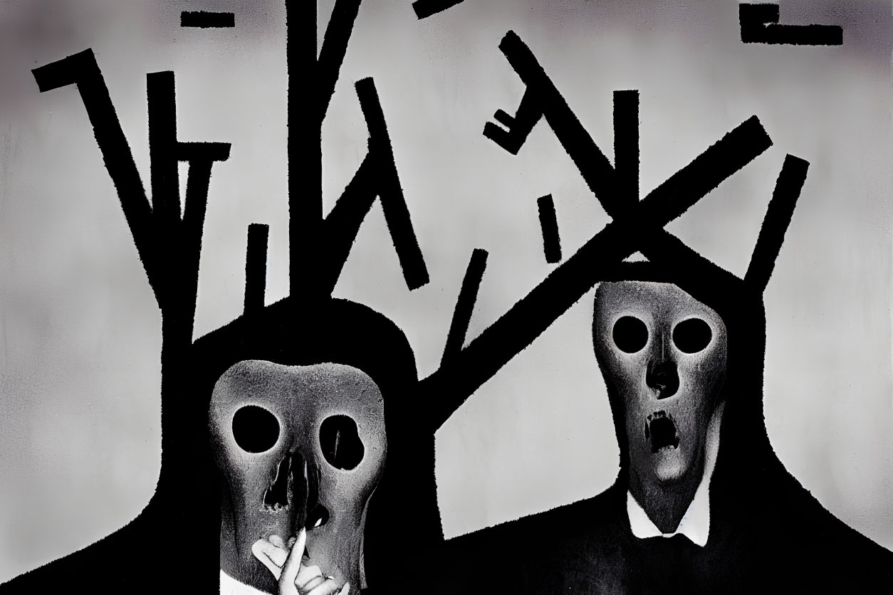 Monochromatic abstract art: elongated ghostly figures with tree branch-like structures