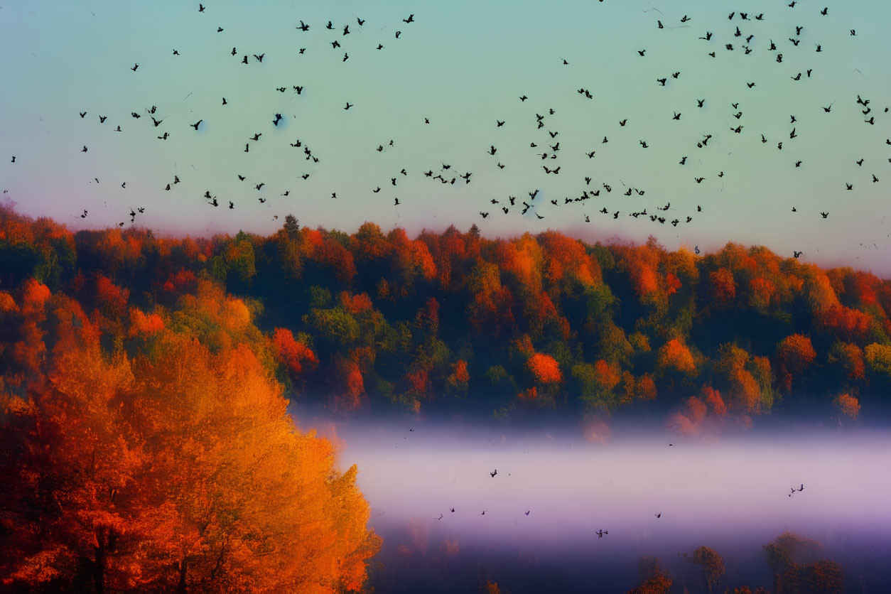 Birds flying over misty autumn forest in warm sunlight