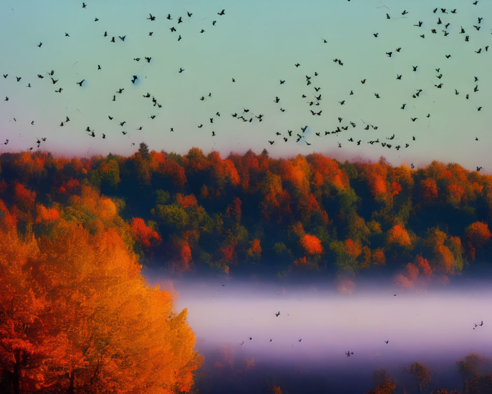 Birds flying over misty autumn forest in warm sunlight