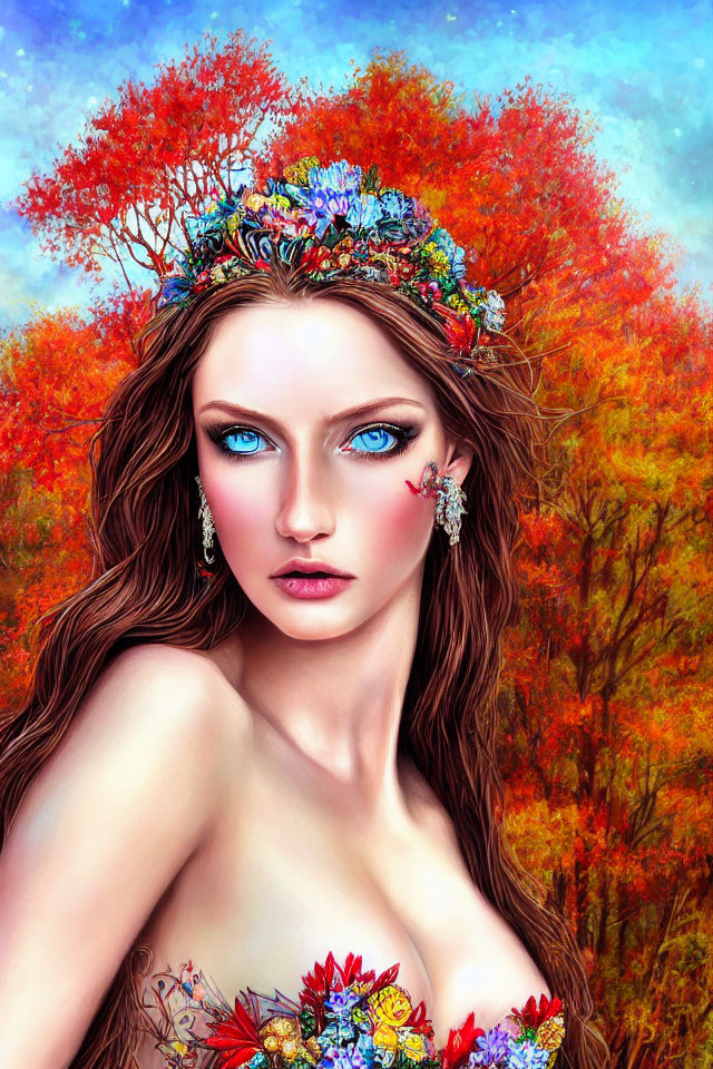 Woman with Blue Eyes and Floral Crown in Autumnal Setting