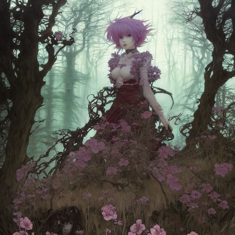 Purple-haired female figure in floral dress in misty forest