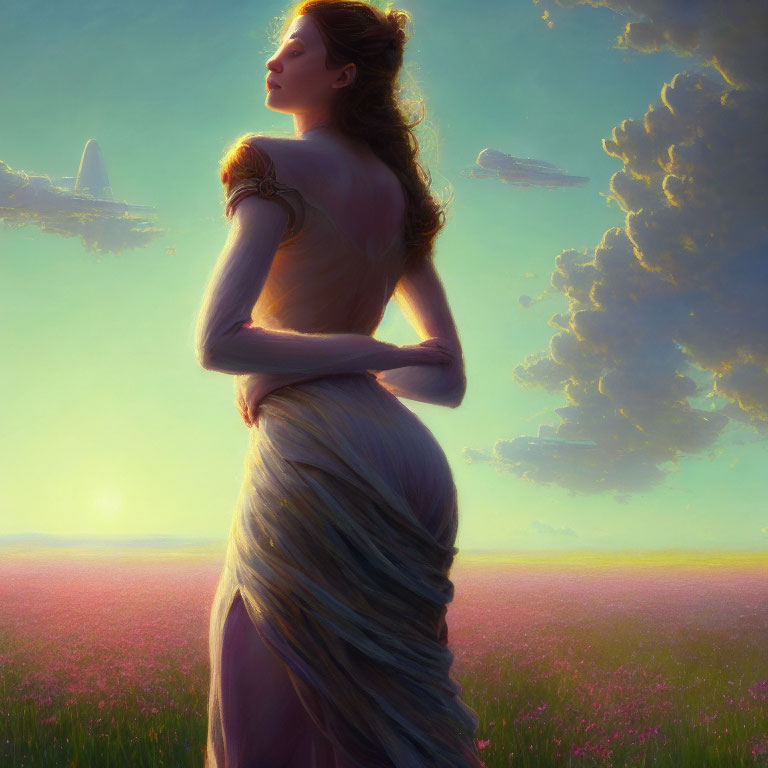 Woman in draped gown standing in pink flower field at sunset