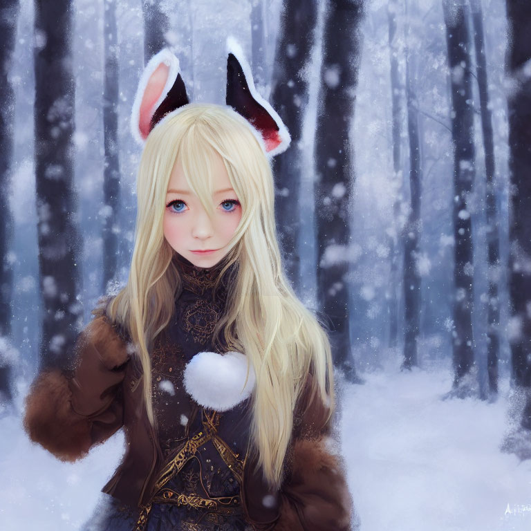 Blonde Girl with Blue Eyes and Animal Ears in Snowy Forest