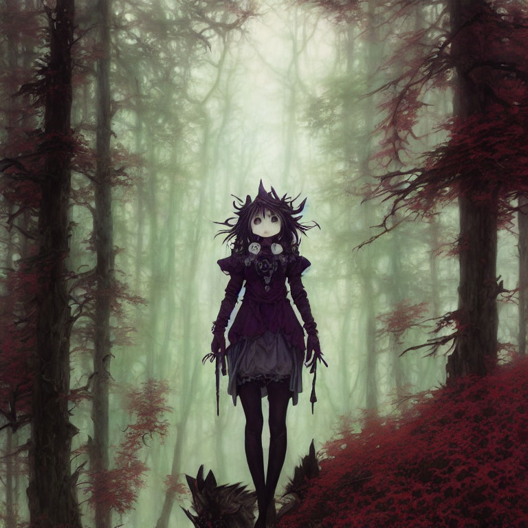 Gothic animated girl in misty crimson forest