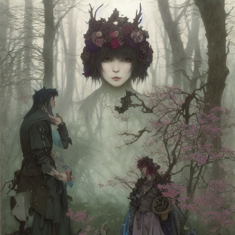 Surreal image of giant ethereal face with flower crown in misty forest