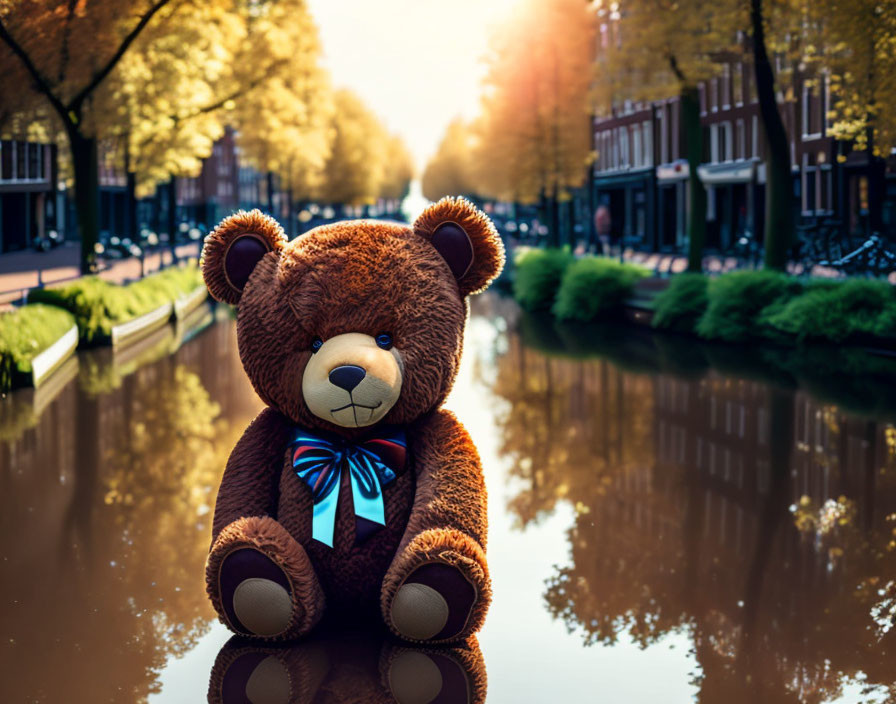 Teddy Bear by Canal with City Buildings at Sunset