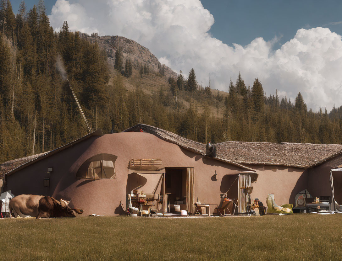 Earth-toned house in grassy clearing with forested hills and grazing cow.