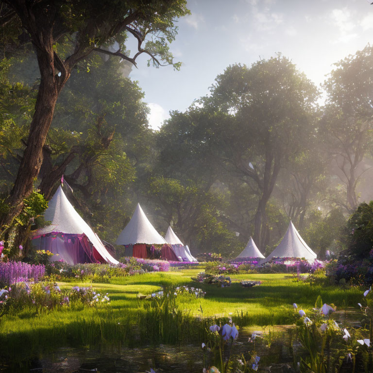 Luxurious Glamping Tents in Forest with Pond and Wildflowers