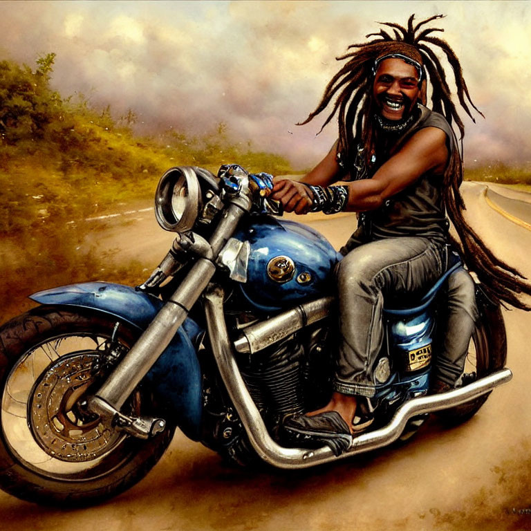 Joyful man with dreadlocks riding blue motorcycle on scenic road