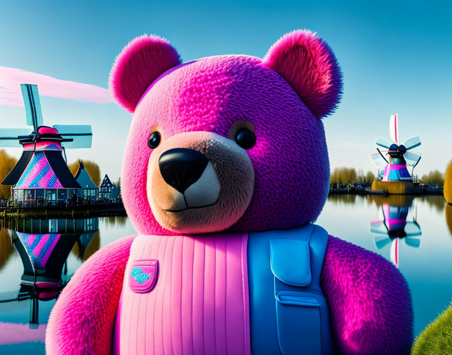 Pink teddy bear with backpack in front of Dutch windmills