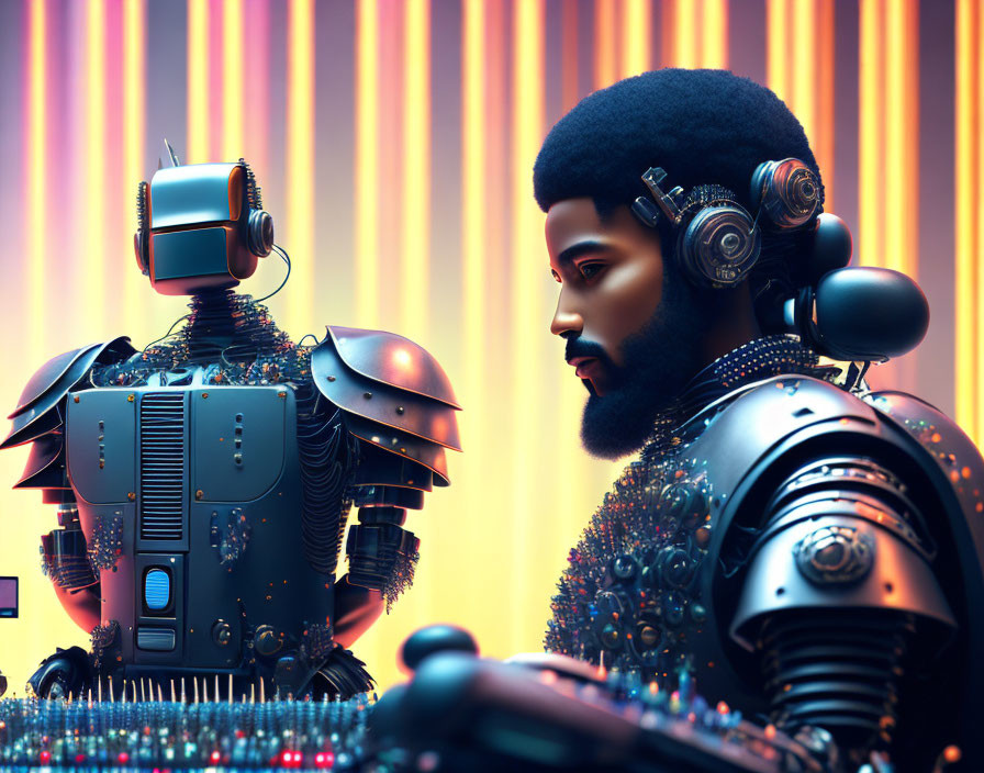 Man with futuristic headphones next to complex robot in neon world