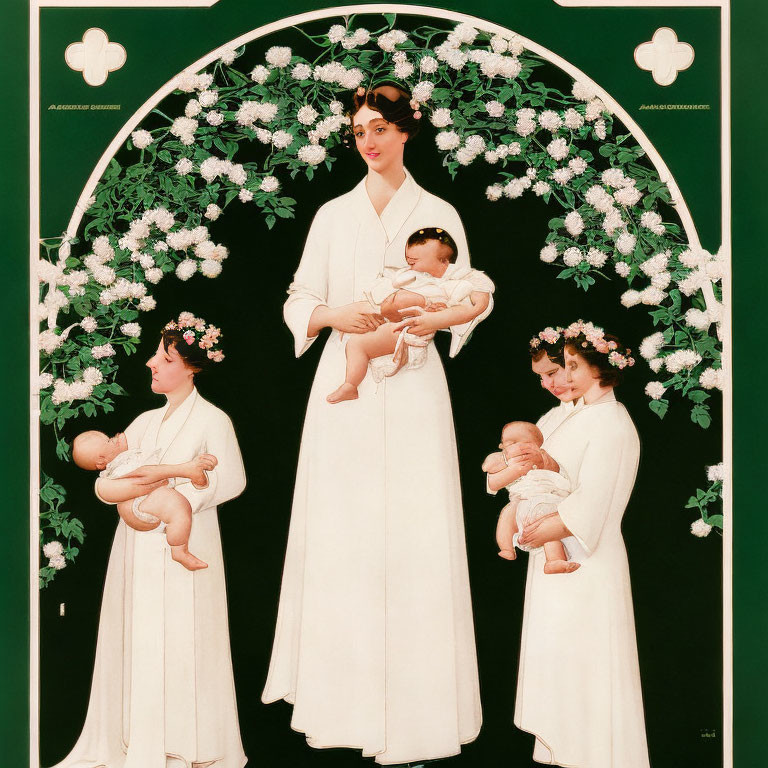 Vintage Illustration: Three Nurses Holding Infants under Floral Arch