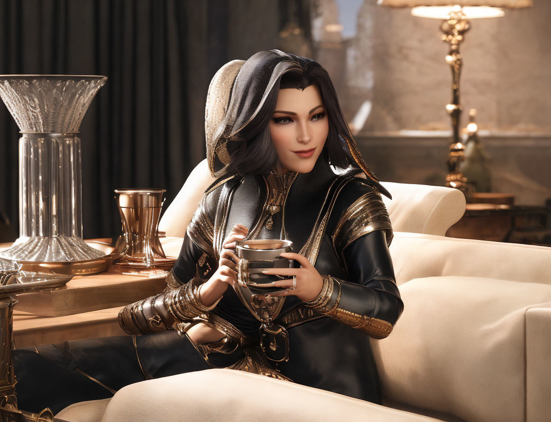 Digital artwork of woman in medieval attire with silver chalice on cream sofa