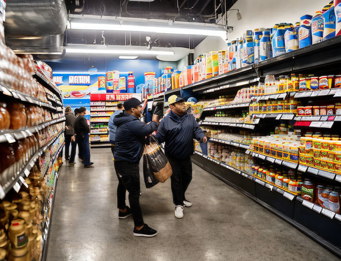 Supermarket conversation between two people in diverse product aisle