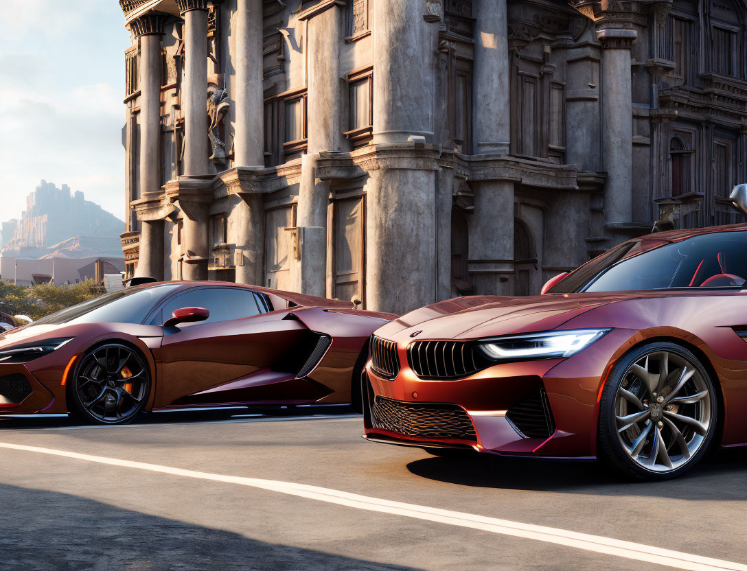 Luxury sports cars parked in city street with classical architecture