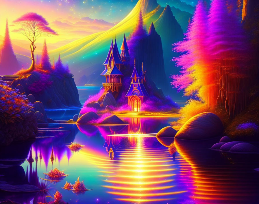 Dreamlike landscape with a mystical castle and glowing trees