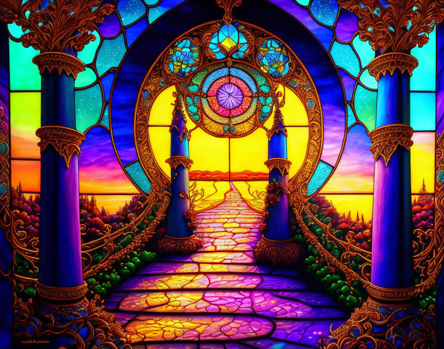 Fantastical image: Ornate gate, stone pathway, colorful landscape