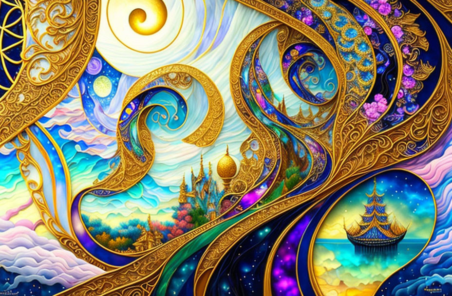 Colorful fantasy artwork: swirling patterns, celestial elements, intricate landscapes, architectural structures, nature-cos