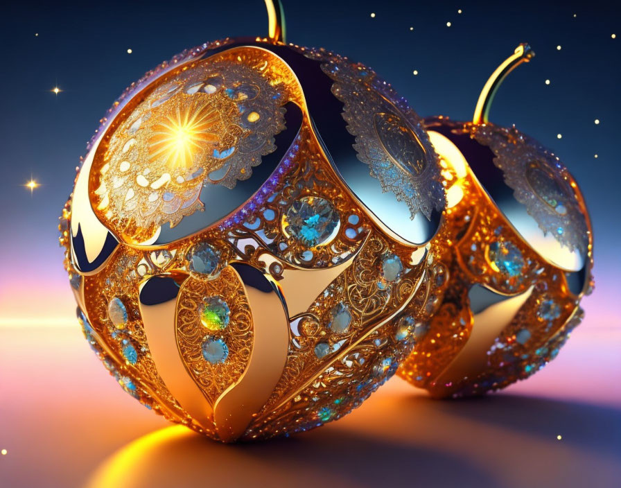 Intricate golden apple with jewels on twilight backdrop