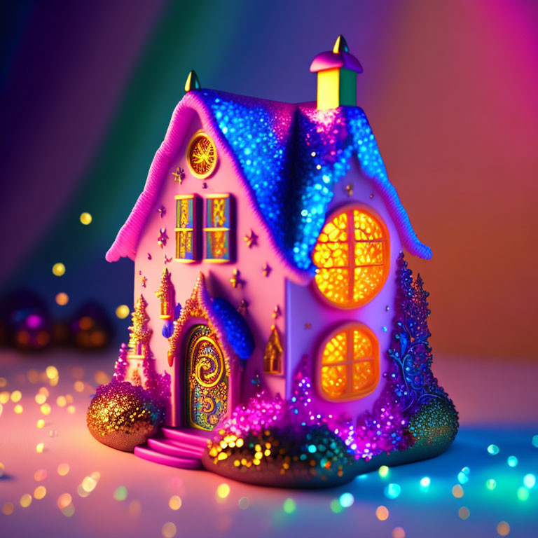 Miniature house with pink roof and neon lights on colorful background