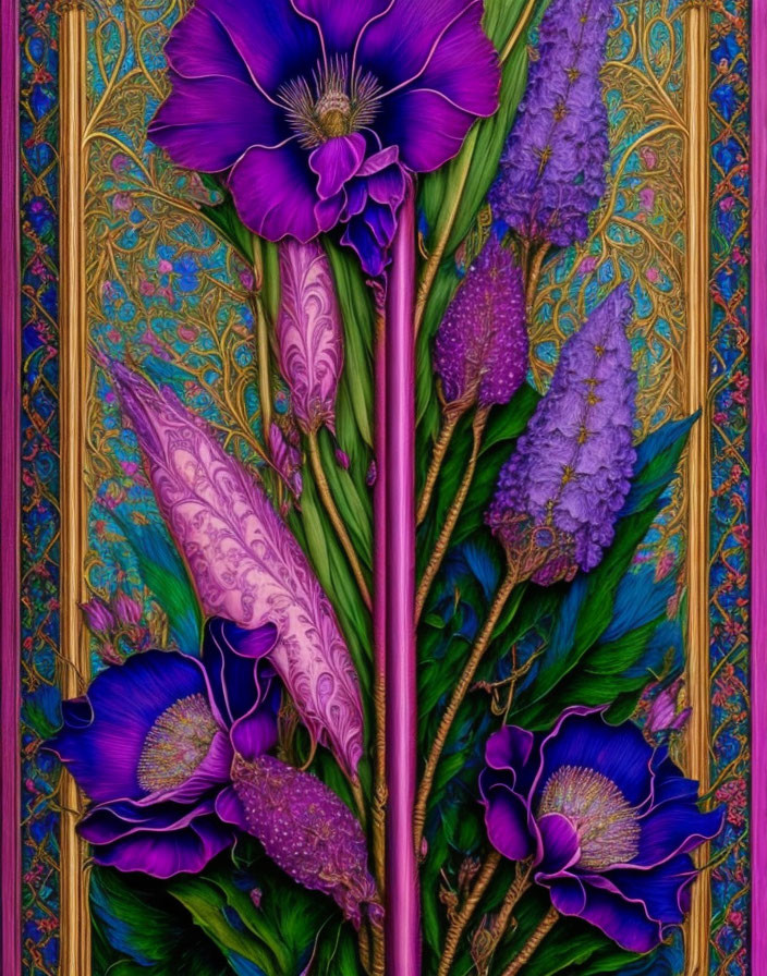 Purple flowers with blue and gold geometric background design.