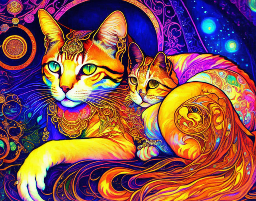 Colorful Psychedelic Illustration of Two Cats with Cosmic Background